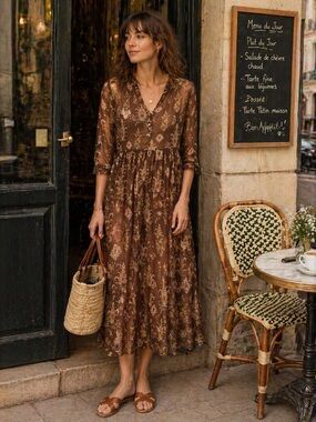 Maison 123 Sheer Maxi Dress Brown Boho Parisian Flowy Layering Dress Romantic